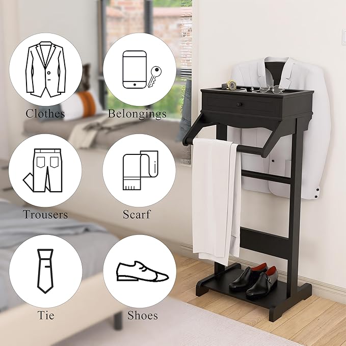 Wooden Valet Stand for Men, Suit Valet Stand with Top Tray, Storage Drawer, Bottom Shoe Rack, Freestanding Clothes Rack for Living Room, Entryway, Bedroom (Black with 1 Storage Drawers)