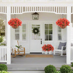 Hananona 24 Pcs Artficial Outdoor Flowers with Hanging Baskets, 2 Pack Hanging Planter with Red Outdoor Spring Flowers for Christmas Porch Home Patio Yard Decor (2, Red)