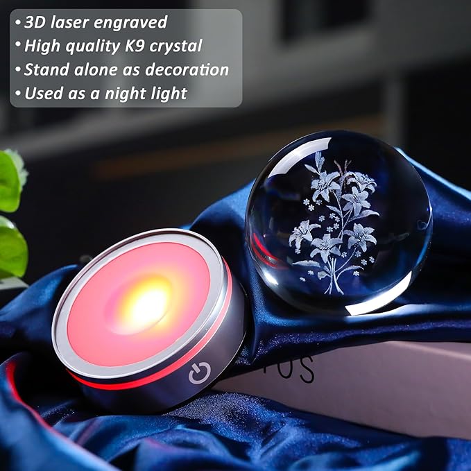 Movdyka 3D Laser Etched Lily Crystal Ball with Color-Changing LED Base – Elegant Blooming Flower Lamp for Home Decor, Unique Gift for Women & Men