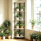 5-Tier Corner Shelf Stand,Tall Narrow Bookshelf for Small Spaces,Rustic Wood & Metal Storage Shelf,Display Plant Stand with Anti-Tip Straps for Bedroom,Living Room,Bathroom,White