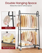 Heavy Duty Clothes Rack, Metal Clothing Rack with Double Hanging Rods, 4 Hooks & Mesh Shelf, Freestanding Garment Rack with Triangular Design for Bedroom Closet, 36.5" x 16.9" x 72.8", Black