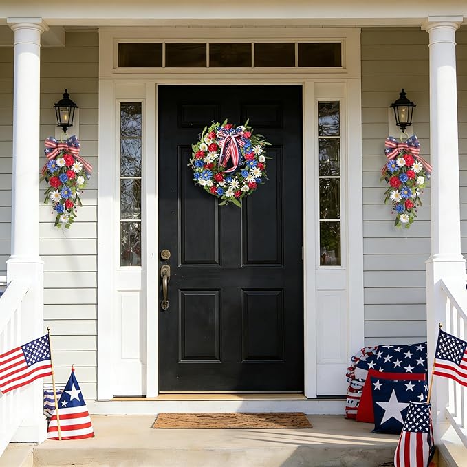 belot Patriotic Red White Blue Swag for Front Door, 20 Inch Patriotic American Memorial Day Floral Teardrop Swags, 4th of July Swag for Indoor Outdoor Farmhouse Decor
