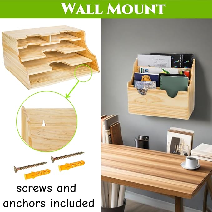 Wood Magazine Holder, 4 Tiers Wall Mounted Desktop Magazine File Divided Organizer, Mail Paper Sorter Newspaper Storage Bin Basket for Office, Home