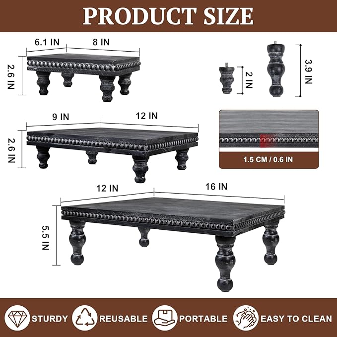 MAONAME Wood Display Risers Decorative Tray Set of 3, Farmhouse Pedestal Stand for Display Home Decor, Vintage Black Beaded Wooden Tray for Kitchen Counter, Short and Tall Footed