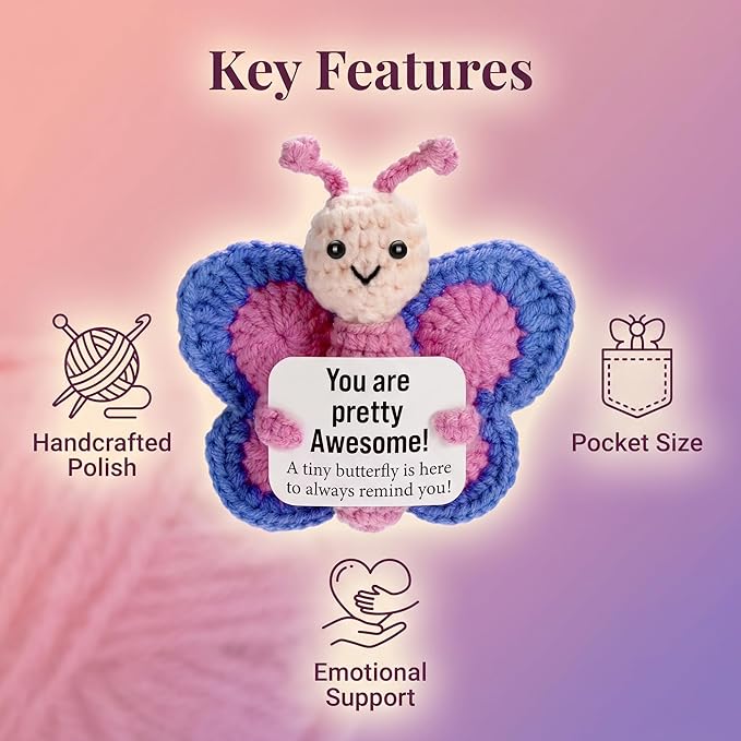 SecretCastle Positive Crochet Butterfly AnimalsEmotional Support Crochet Doll Desk Decor Pickle Gifts Emotional Support Plush for Women Girls Men Mom