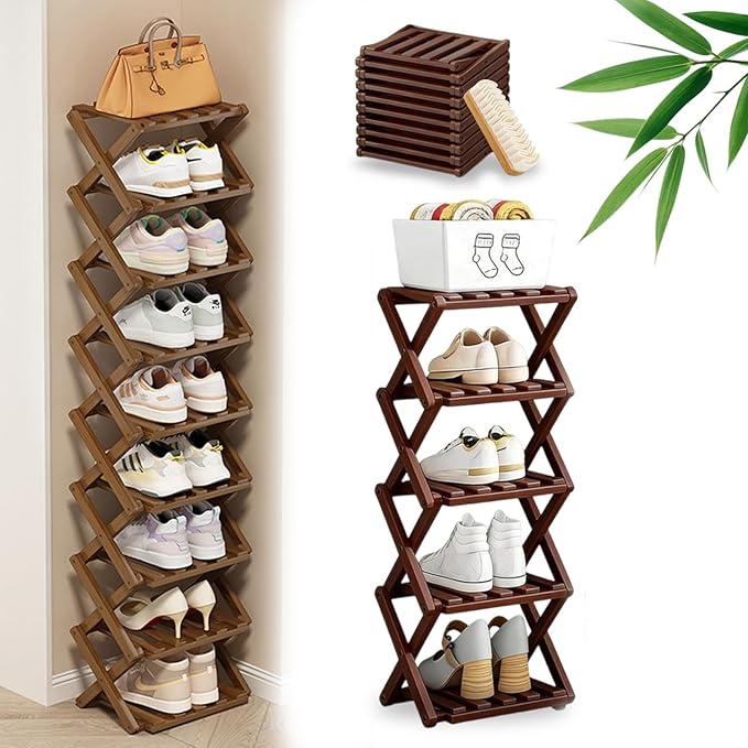 DDRIC The 9-Tier No-Assembly Bamboo Rack, Foldable 9 Tier Bamboo Shoe Rack with Collapsible Vertical Design, Space-Saving Shoe Storage Shelf for Entryway Closet Dorm, No-Tool Assembly (Brown,5)