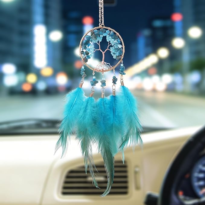 Pretty Jolly Small Tree of Life Crystal Stone Dream Catchers Blue Feathers Mini Dreamcatchers for Cars Rear View Mirror Hanging Decoration Good Luck Travel Charm Bedroom Ornaments for Women Girls