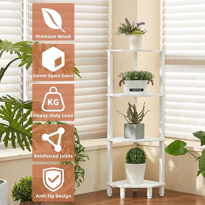 YUFAM 4-Tier Corner Shelf with Sturdy 5-Leg Base, Wooden Corner Bookshelf for Small Spaces, Corner Standing Shelf for Living Room, Bedroom, Office, White