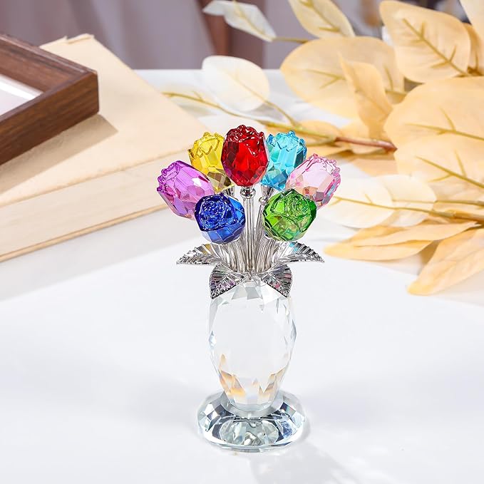 Movdyka Crystal Colorful Rose Flower Figurine with Vase Handmade Romantic Glass Rose Gifts for Wife Mom on Mother's Day Birthday Christmas Wedding Valentines Home Decorations