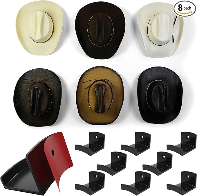 Modern JP Adhesive Hat Hooks for Wall (8-Pack) - Cowboy Hat Rack, Wide Brim Hat Organizer, Strong Hold Hat Hangers for Wall - Black
