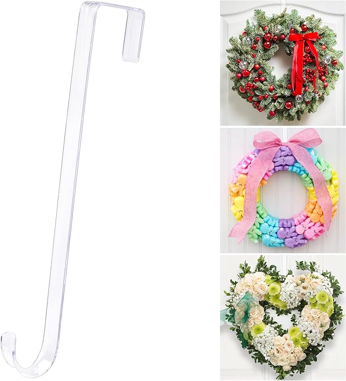 15" Clear Wreath Hanger for Front Door, Invisible Over The Door Hook, Non-Scratch 10lb Heavy Duty Year-Round Decor & Organization for Christmas, Easter, Home