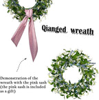 22 Inch Blue & White Floral Wreaths for Front Door, Spring Summer Floral Wreath with Pink Sash, Farmhouse Wreath for Porch, Wall, Window, Indoor Outdoor Home Decor