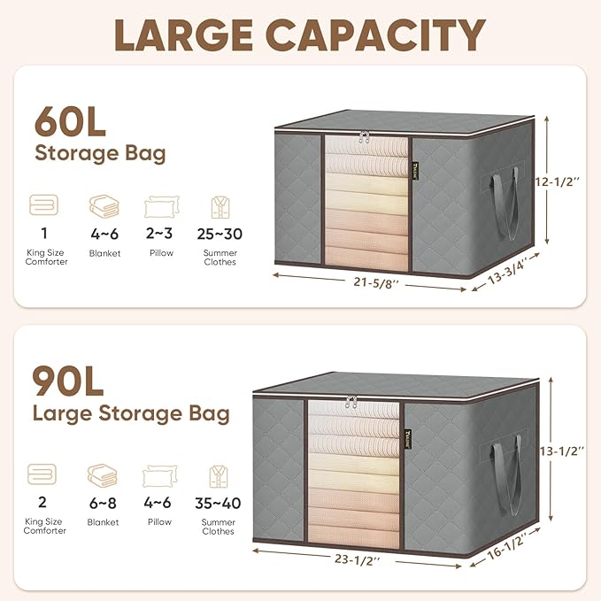 BALEINE 6 Pack Clothes Storage Bags, 24 Gallon Storage Containers with Reinforced Handle, Sturdy Zipper, Closet Organizer for Blanket, Comforter, Pillow, Bedding (Grey, 6 Pack)