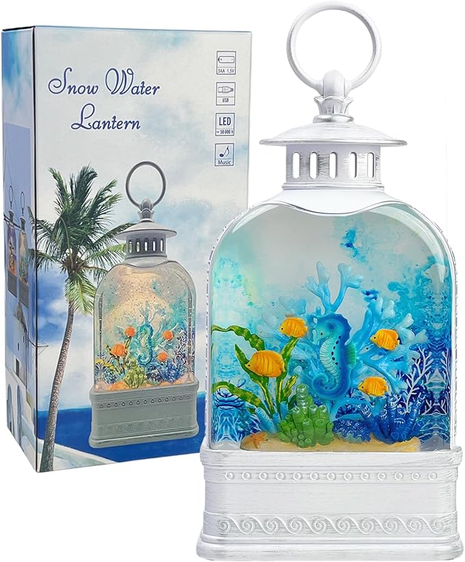 Ocean Themed Snow Globe Lantern with Music - USB or Battery Powered Light Up Water Lantern with Seahorse - Swirling Glitter Water Globe for Summer Costal Ocean Decor Gift for Ocean Lover (Seahorse)