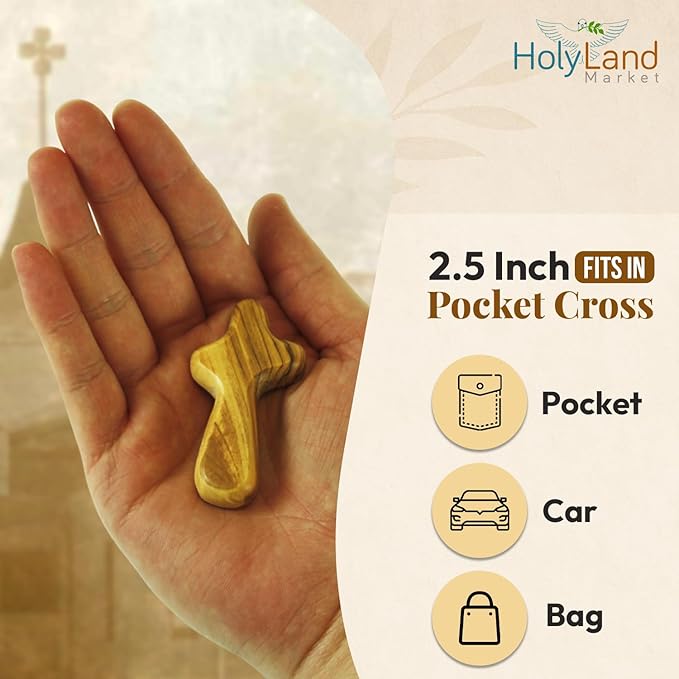 Holy Land Market Small Olive Wood Hand Crosses - 2.5 Inch Pocket Palm Crucifix | Handmade Jerusalem Crosses - Christian Gifts with Certificates & Lord Prayer Card | Meditation & Prayer Crosses (200 count)