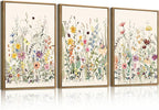 BINCUE Wildflower Wall Art Large Floral Wall Painting Neutral Print Pictures Framed Flower Wall Decor Wildflower Artwork Flowers Pictures Floral Art Prints for Living Room Bedroom Bathroom Farmhouse 24x36 Inches Set of 3 Gift