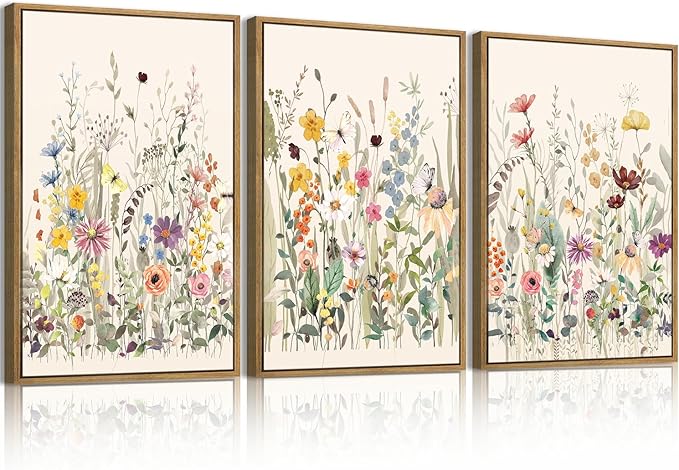 BINCUE Wildflower Wall Art Large Floral Wall Painting Neutral Print Pictures Framed Flower Wall Decor Wildflower Artwork Flowers Pictures Floral Art Prints for Living Room Bedroom Bathroom Farmhouse 24x36 Inches Set of 3 Gift