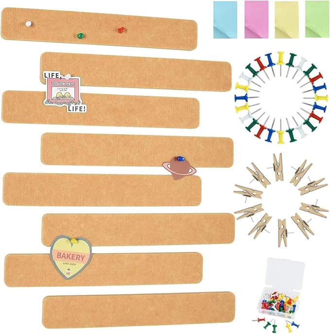 Vuzvuv 8 pcs Bulletin Board Bar Strips with 50 Pushpins & 10 Wooden Clip pins，Self Adhesive Cork Board for Wall，Felt Pin Board for School，Office Decor(Camel-Brown)