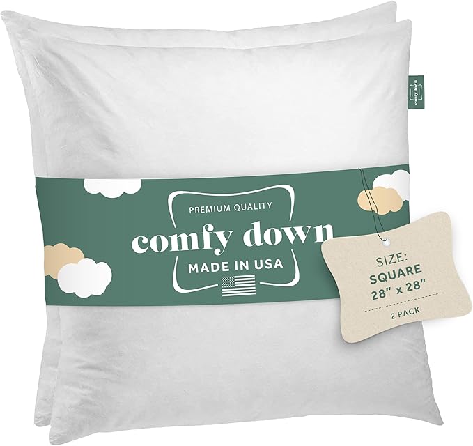 ComfyDown 28x28 Decorative Throw Pillow Insert, Down and Feathers Fill, 100% Cotton Cover 233 Thread Count, Square Pillow Insert - Made in USA (Set of 2)