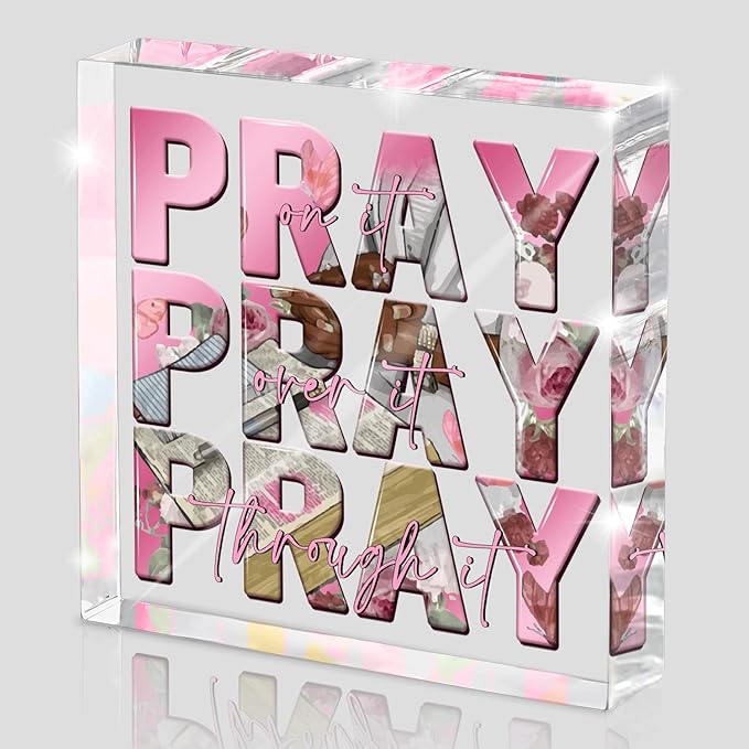 Religious Gifts for Women, Pink Inspirational Decor Pray Over It Bible Verse Art Christian Gifts, 4x 4 Inches Office Desk Accessories Decor Sign