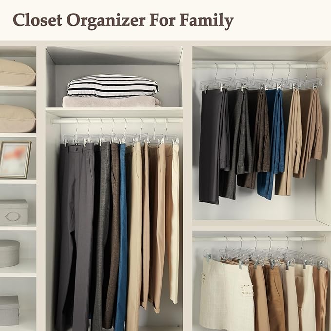 HOUSE DAY Clear Skirt Hangers with Clips, Non-Slip Plastic Pant Hanger with 2 Adjustable Clips, Upgraded Clip Hanger for Pants, Skirts, Shorts, 14" Clear Hangers 10 Pack, 360-Rotating Swivel Hook