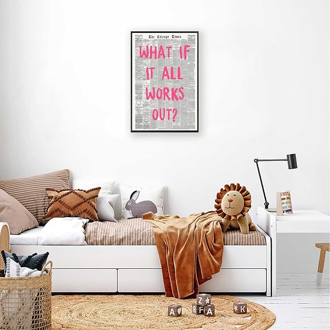 What If It All Works Out Poster Retro Newspaper Pink Font Canvas Wall Art Positive Affirming Quote Minimalist Prints Painting For Home Bedroom Dorm Wall Decor 24x36in Framed