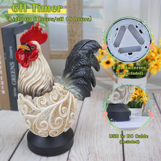 Spring Rooster Snow Globe Decor with 6H Timer, Swirling Glitter Rooster Snowglobe Decorations, USB/Battery Operated, Rooster Glitter Globe for Spring Holiday Home Decor and Gift