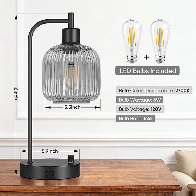 QiMH Industrial Table Lamp for Bedroom Set of 2, Grey Glass Beside Lamp with USB A&C Ports, Stepless Dimmable Black Lamps, Nightstand Lamps for Living Room, Office, Home Decor(Bulb Included)