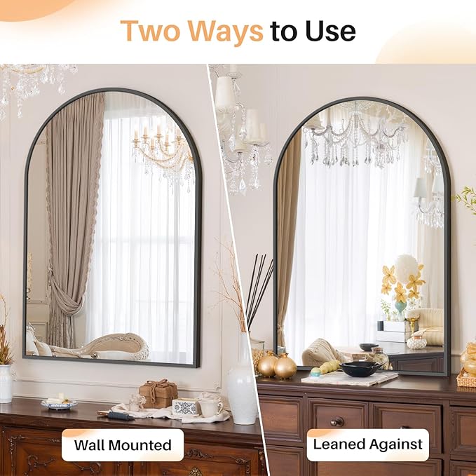 Bathroom Mirror for Wall, 38x26 Inch Arched Mirror, Matte Black Metal Framed Bathroom Vanity Mirror for Restroom Farmhouse, Anti-Rust, Tempered Glass, Hanging or Leaning
