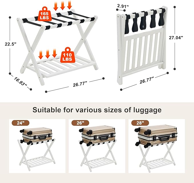 Fully Assembled Luggage Rack for Guest Room, Bamboo Foldable Suitcase Stand with Storage Shelf, Luggage Stand with 5 Nylon Straps, Luggage Holders for Guest Room Bedroom Hotel, White, 1 Pack