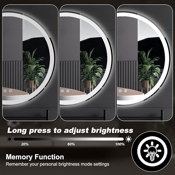 DUMOS 28 Inch Round LED Bathroom Mirror with Lights, Circle Vanity Mirror with Anti-Fog, Dimmable, 3-Color Light, Front Light and Backlit, Memory Function, Tempered Glass