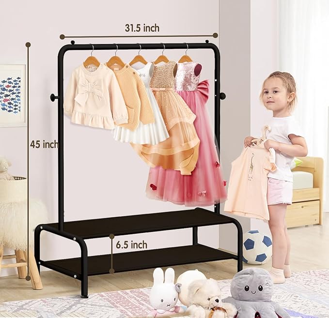Kids Clothing Rack - Small Garment Rack - Small Kids Costume Wardrobe Rack with 2 Fabric Floors Storage Shelf - Mini Short Baby Toddler Clothes Rack