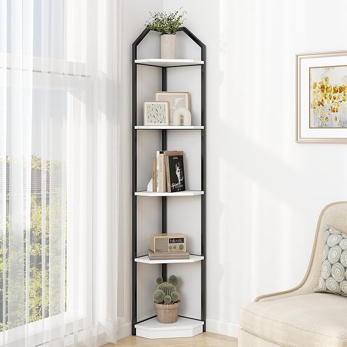 5 Tier Corner Wall Shelf Stand, 70" Metal Corner Shelves Bookshelf Display Shelf for Living Room Decor, Tall Plant Stand Multi Unit Organizer, Standing Shelf for Bedroom,Bathroom,Small Space (White)