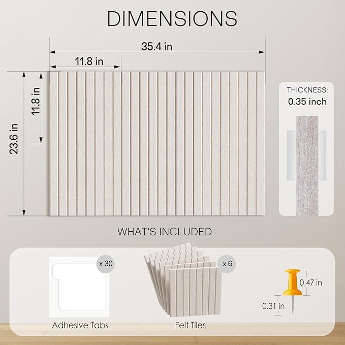 MaxGear Large Cork Boards for Walls 36" x 24", Light Tan Felt Bulletin Board Tiles for Office Decor, 6 Pack Felt Wall Tiles with Slat Paneling, Push Pin Board Home Wall Organizer