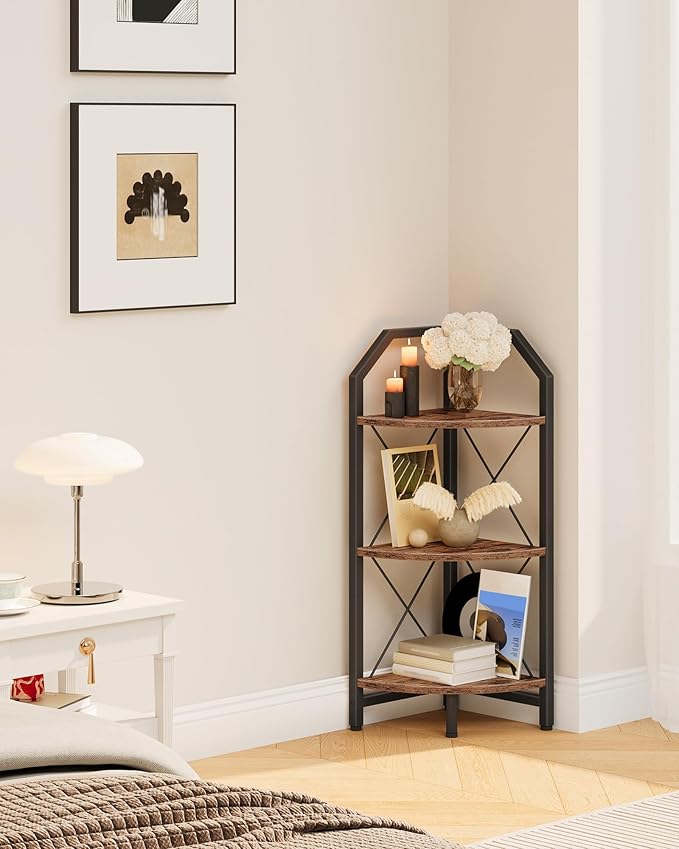 CHOEZON 3-Tier Corner Shelf, Industrial Corner Bookshelf, 35.4" Storage Stand, Plant Stand Display Shelf, Bookcase for Bedroom, Living Room, Home Office, Rustic Brown and Black TCJ03BF