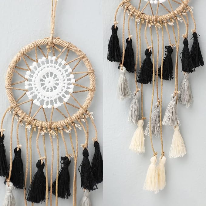 Artilady Small Dream Catcher for Cars - Bohemian Mini Dream Catchers for Cars Rear View Mirror Hanging Decoration (Black Grey White)