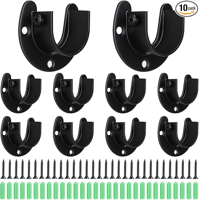 10 Pack Stainless Steel Closet Rod Bracket, 1-1/4 Inch Closet Rod Holder, Heavy Duty Closets Rods Support Brackets, U Shaped Closets Pole Sockets Flange Rods Holder for Curtain Rodd (Black)