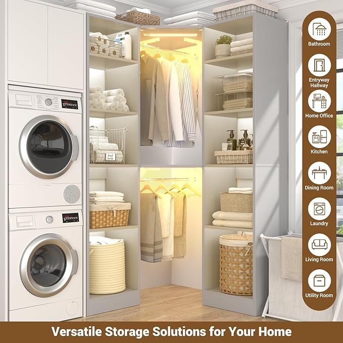 Corner Closet System with 2 Motion Sensor Lights, 39.2" Corner Closet Organizer with 12 Shelves, Closet Corner with 2 Hanging Rods, Versatile 6-Tier Walk-in Closets for Corner Space, Grey