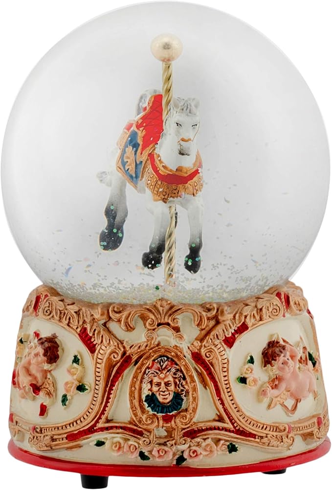 Elanze Designs Gilded Gold Tone Cupid and Carousel Horse 100MM Musical Water Globe Plays Tune Unchained Melody