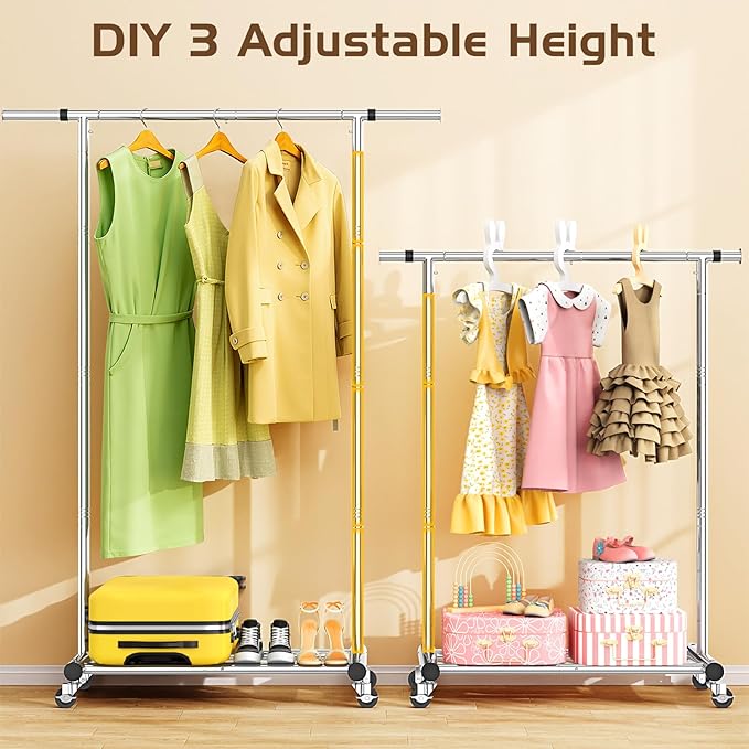 Clothes Rack for Hanging Clothes, Sturdy Stainless Steel Clothing Rack, Portable Garment Rack with Extendable Hanging Rod, Adjustable Rolling Coat Rack with Anti-Slip Wheels for Home Conmercial Store