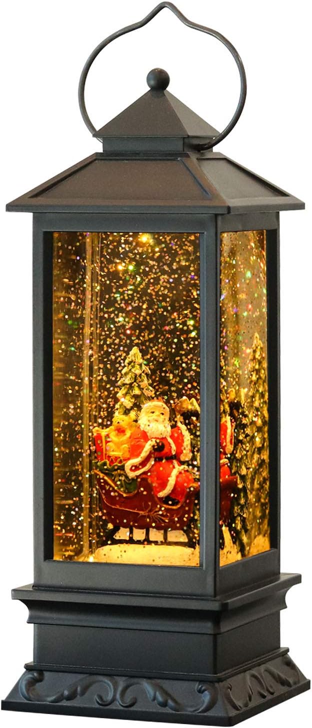 Wondise Lighted Musical Snow Globe Lantern with 6 Hour Timer, 12 Inches USB Powered & Battery Operated Spinning Water and Swirling Glitter Christmas Snow Globe Lantern Gifts(Santa Claus and Sleigh)