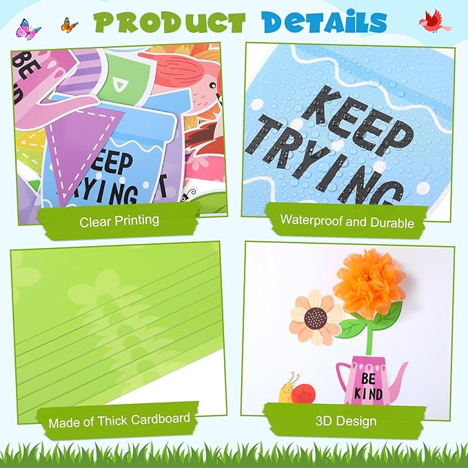 73 Pcs Spring Bulletin Board Decoration Set with 3D Paper Flower Never Stop Growing Classroom Decor Inspirational Bulletin Board Decoration for Spring Theme School Home Chalkboard Wall Decor