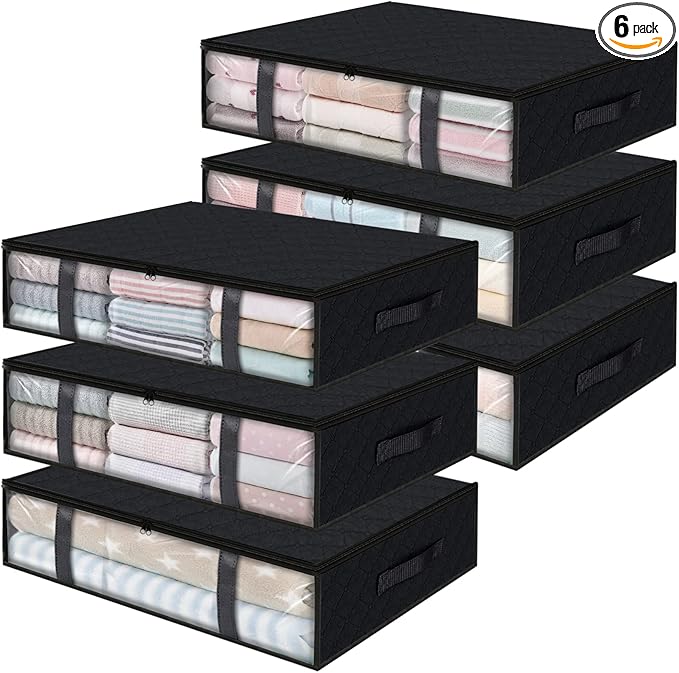 StorageRight Under Bed Storage Bags 6 Pack, 40L Large Clothes & Comforter Storage Containers with Clear Window, Breathable Fabric Organizer for Blankets, Bedding, Seasonal Clothing, Black