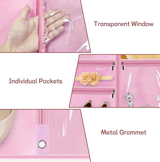 KIMBORA Costume Dance Garment Bag with 3 Clear Zipper Pockets for Suits Dress Cover, Travel Storage & Competitions, Set of 2 (Pink)