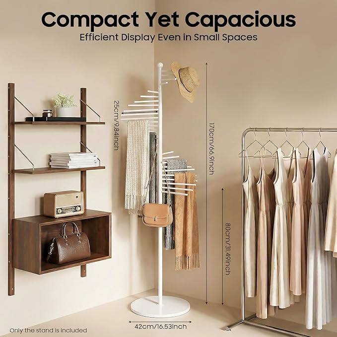 Scarf Organizer Stand, 67" Freestanding Scarf Display Rack with 30 Rods, Metal Spiral Scarf Holder Belt Pants Hanger for Commercial Clothing Retail Store Home, Space Saving Shelves(White)