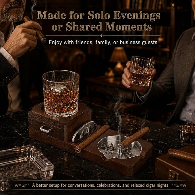 Cigar Ashtrays, Whiskey Glass Tray and Wooden Ash Tray Detachable Outdoor Ashtray for Cigarettes, Gift Set with Cigar Cutter, Great Decor for Home Office Gifts for Men