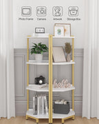Hzuaneri Corner Shelf Stand, Corner Bookshelf, Storage Standing Shelf Unit with Metal Frame, Plant Stand, Bookcase for Living Room, Home Office, Bedroom, 4-Tier White Gold CS05803A