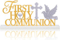 Teenyyou First Holy Communion Sign 1st Communion Decoration Baptism Centerpiece for Table God Bless Gift Metal Word Sign with Wooden Base for Baptism Shower Party Tabletop Desk Decor