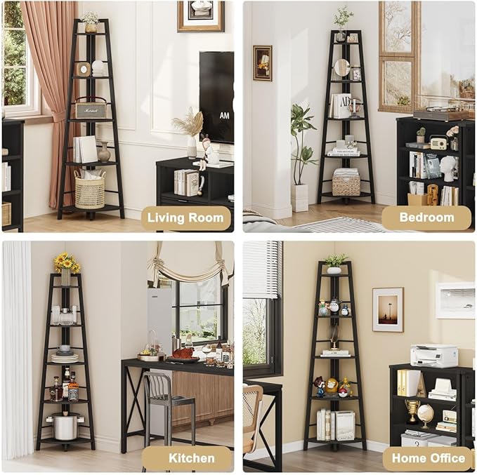 BON AUGURE 5-Tier Corner Shelf, Industrial Tall Corner Bookshelf for Living Room, Narrow Ladder Bookcase with Metal Frame, Rustic Wood Corner Plant Stand for Small Space, Home Office, Black Oak