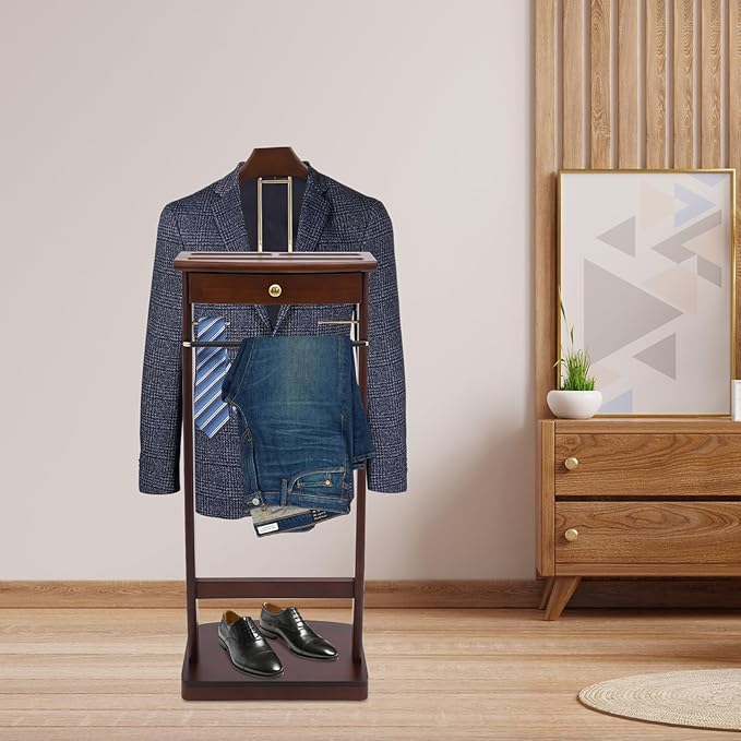 Wooden Suit Valet Stand | Freestanding Clothes Rack with Drawer & Sturdy Base, Ideal for Home Office Hotel